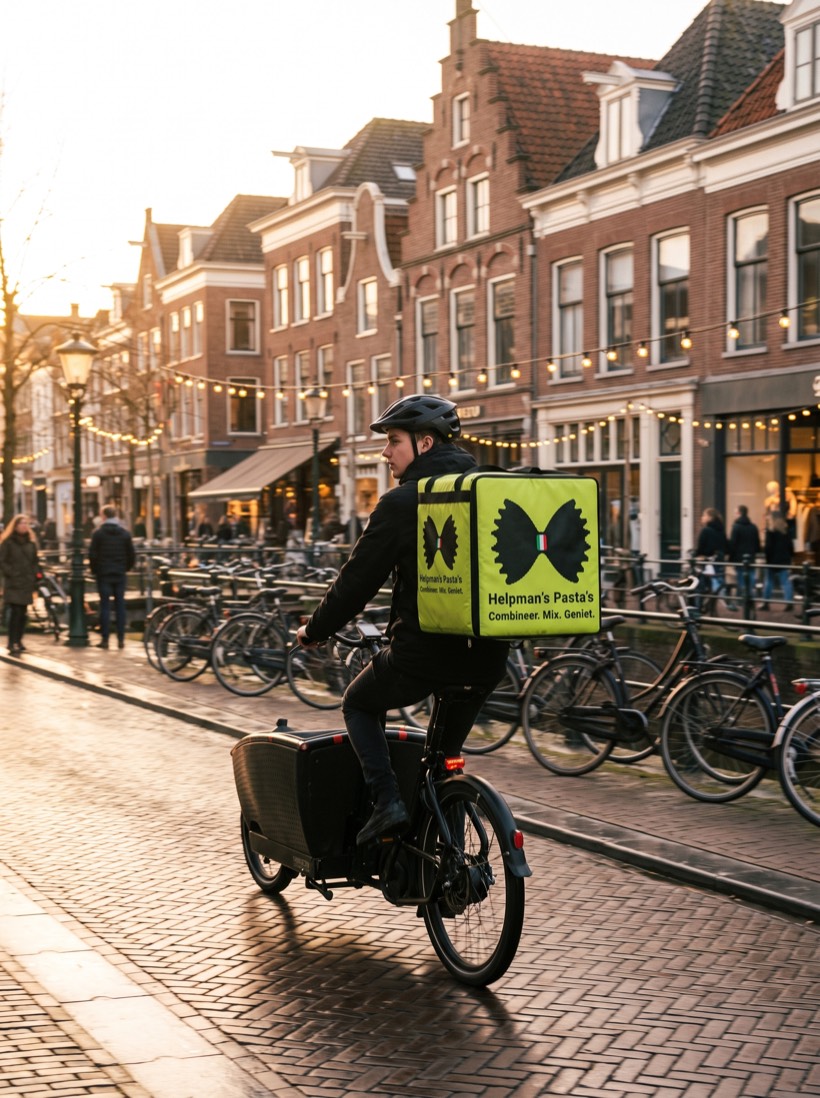 Bezorger op een elektrische fiets met een lime-groene Helpman's Pasta's bezorgbox onderweg door Groningen