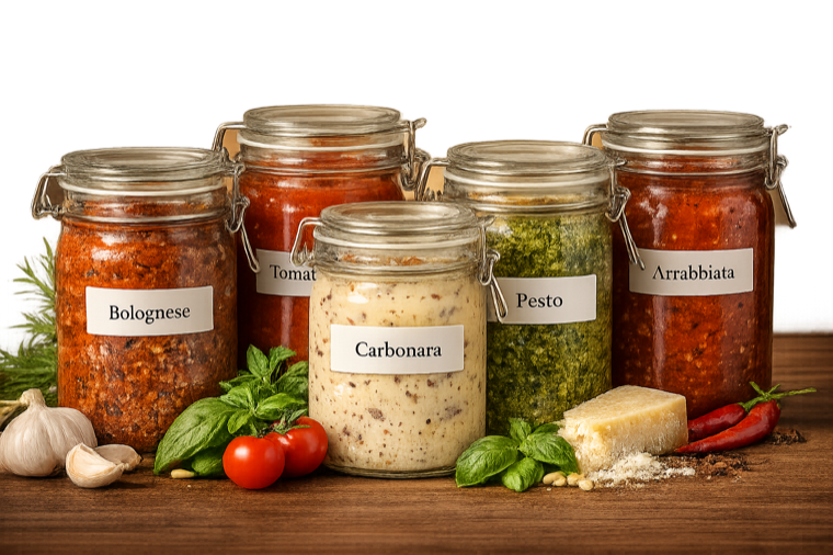 Weckpotten met verse pastasauzen: bolognese, tomaat, carbonara, pesto en arrabbiata